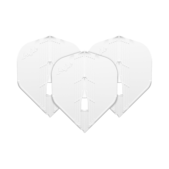 L-Style KAMI L1PRO Flights Das Bild zeigt drei weiße Dart-Flights, die nebeneinander angeordnet sind. Auf jedem Flight ist das Wort "L-style" eingraviert.