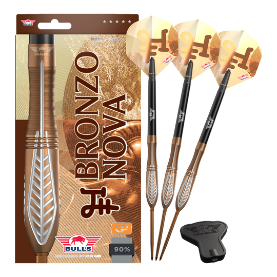 Bulls NL Bronzo Nova Convertible Point stalen dartpijlen Das Bild zeigt Bulls NL Bronzo Nova Convertible Point Steeldarts in Komplettdarstellung. Das Set ist metallfarben.