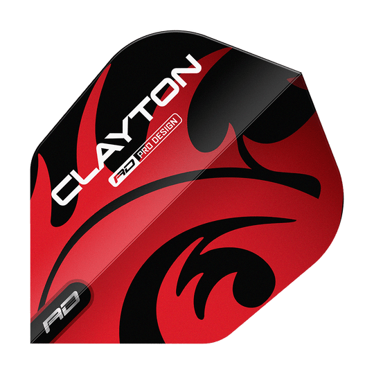 Red Dragon Jonny Clayton Rood Zwart No6 Vluchten Das Bild zeigt ein Dartflight mit dem Namen "Red Dragon Jonny Clayton Red Black No6 Flights". Das Flight ist rot und schwarz gestaltet und trägt den Aufdruck "Clayton".