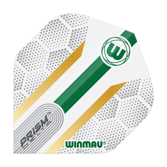 Das Bild zeigt ein Winmau Prism Delta Xenon No2 Standard Flight. Das Flight ist weiß mit grünen und goldenen Streifen sowie grauen Punktmustern und dem Winmau-Logo.