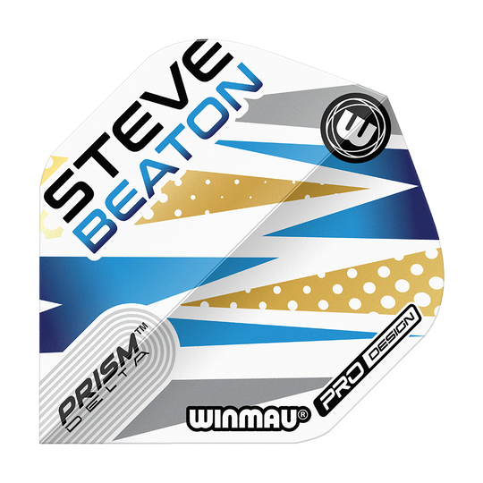 Das Bild zeigt ein Dart-Flight mit dem Namen "Winmau Prism Delta Steve Beaton No2 Standard Flights". Das Design ist weiß, blau und gold mit auffälligen Mustern und dem Namen "Steve Beaton" darauf.