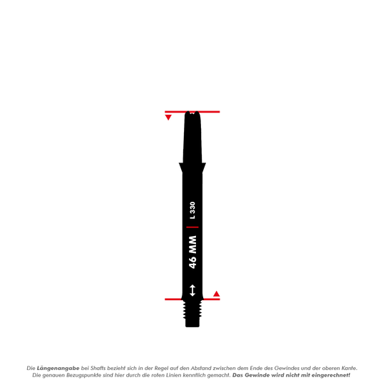 Das Bild zeigt einen L-Style L-Shafts Silent Straight in klarer Ausführung. Die Länge des Schafts beträgt 46 mm, gemessen ohne das Gewinde, wie durch die roten Linien angezeigt.