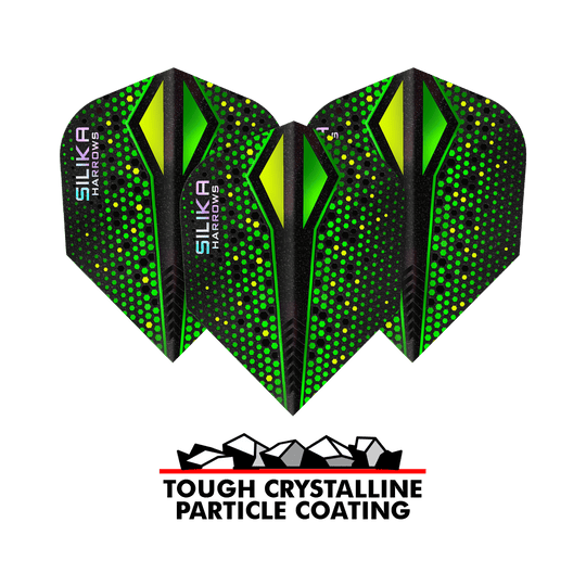 Harrows Silika Colorshift sterke kristallijne coating Green-X No6 Flights Im Bild erkennbar sind die Harrows Silika Colourshift Tough Crystalline Coating Green-X No6 Flights. Auffällige Muster sind sichtbar.
