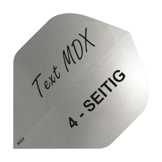 10 sets bedrukte metalen vluchten 4-zijdig - aangepaste tekst - MDX Standaard Das Bild zeigt einen silbernen Dartflight mit der Aufschrift "Text MDX" und "4-SEITIG". Der Flight hat eine metallische Oberfläche und eine spezielle Form.