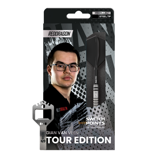 Red Dragon Gian Van Veen Tour Edition Switch Point Steeldarts - 21 g Das Bild zeigt die Red Dragon Gian Van Veen Tour Edition Switch Point Steeldarts - 21g. Die Darts haben ein modernes und robustes Design.