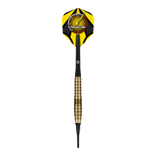 Shot Redline Gizmo Soft Darts - 20g Der "Shot Redline Gizmo Softdart - 20g" ist ein Softdartpfeil mit gelben und schwarzen Flights. Der Dart hat einen goldfarbenen Griff und eine schwarze Spitze.