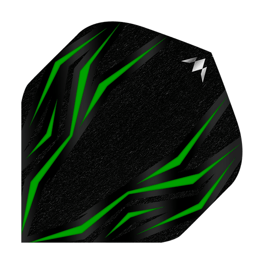 Mission Lava Green No2 Standaardvluchten Das Bild zeigt einen schwarzen Dartflight mit grünen, diagonalen Linien. In der oberen rechten Ecke befindet sich ein kleines, silbernes Logo.