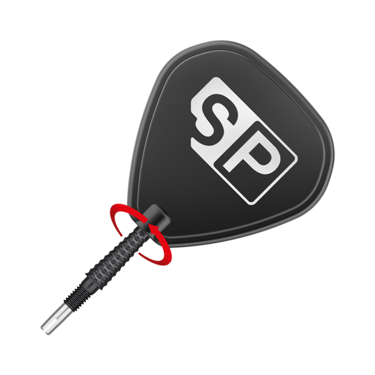 Target Swiss Storm LNC dartpunten - Zwart Das Bild zeigt eine schwarze Dartspitze mit dem weißen „SP“-Logo darauf. Die Spitze ist schräg platziert und durch einen roten Pfeil hervorgehoben.