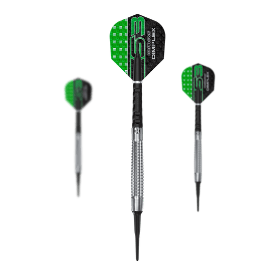 Harrows Dimplex S3 taps toelopende zachte darts Das Set Harrows Dimplex S3 Tapered Softdarts wird gezeigt. Die Darts haben ein spezielles Griffdesign.