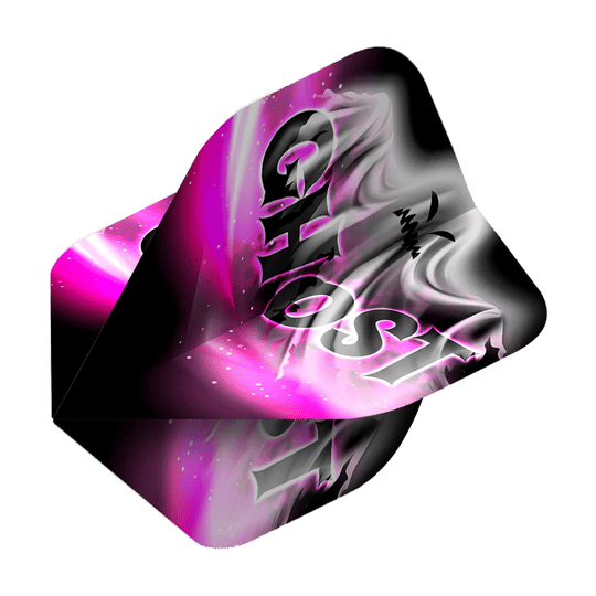 Das Bild zeigt ein Dartflight mit dem Aufdruck "GHOST" in großen Buchstaben. Die Farben sind hauptsächlich Schwarz, Weiß und Pink mit einem nebligen, geisterhaften Muster.