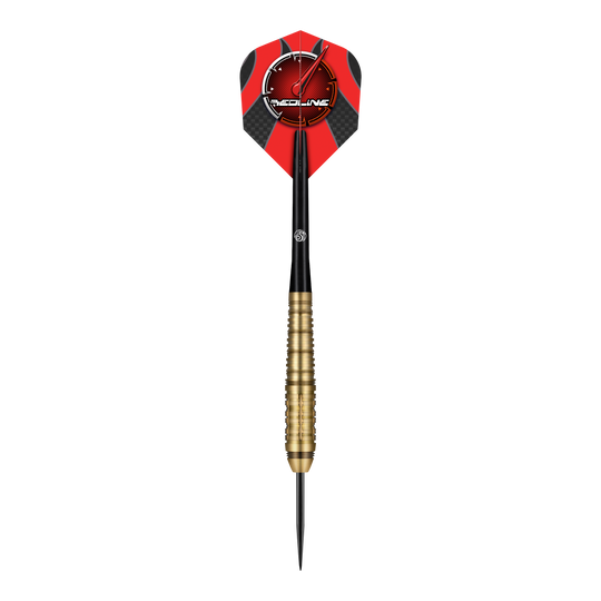 Shot Redline Mach 1 stalen darts Das Bild zeigt einen Steeldartpfeil mit goldfarbenem Griff und schwarzer Spitze. Die Dartflügel sind rot-schwarz gestaltet und tragen das "Redline"-Logo.