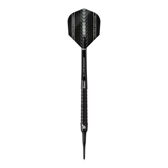 Harrows Supergrip Black Edition zachte darts Das Bild zeigt einen Harrows Supergrip Black-Edition Softdart. Der Dart ist komplett in Schwarz gehalten und hat ein modernes, elegantes Design.