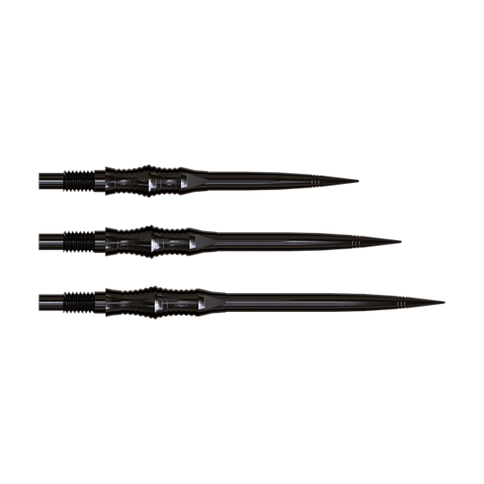 Harrows Quick Point Apex Spire Elite Series Dartspitzen - Schwarz Ein Satz schwarzer Dartspitzen ist horizontal angeordnet und deutlich sichtbar. Die Form zeichnet sich durch eine scharfe Spitze aus.