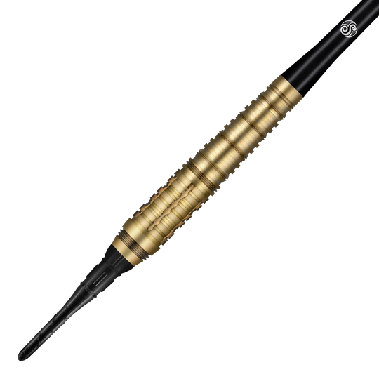 Shot Redline Mach 1 zachte dartpijlen - 20g Auf dem Bild ist ein Shot Redline Mach 1 Softdart mit einem Gewicht von 20g zu sehen. Der Dartpfeil hat einen goldfarbenen, geriffelten Griff und eine schwarze Spitze.