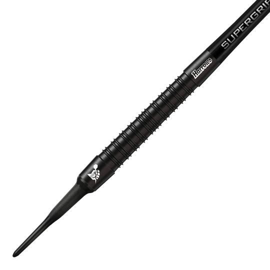 Harrows Supergrip Black Edition zachte darts Das Bild zeigt einen Harrows Supergrip Black-Edition Softdart. Der Dart ist komplett schwarz und hat eine strukturierte Griffoberfläche.