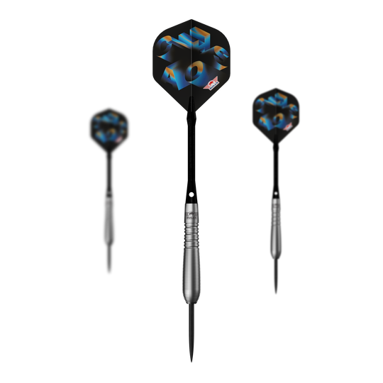Das Bild zeigt ein Set der Bulls NL Chaos Blue Steeldarts - 23g. Das Set besteht aus mehreren blauen Steeldarts.