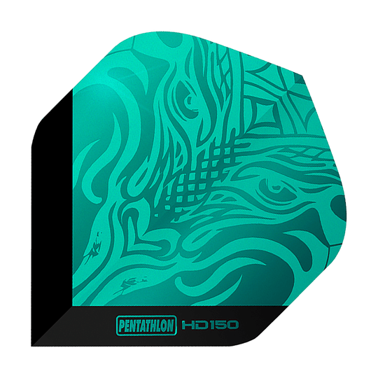 Pentatlon HD150 Metallic Aqua Standaard Vluchten Dies ist ein Pentathlon HD150 Metallic Aqua Standard Flight. Das Flight hat ein auffälliges, türkisfarbenes Muster mit schwarzem Rand und Schriftzug.
