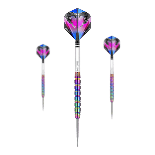 Das Bild zeigt drei Steeldarts des Produkts "Red Dragon Peter Wright Snakebite 1 Rainbow". Die Darts haben einen bunten, regenbogenfarbenen Schaft und Flights mit Schlangenkopf-Design.