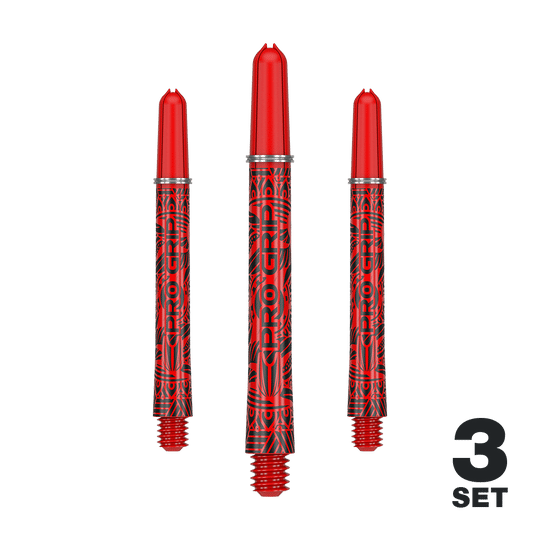 Auf dem Bild sind drei rote Dartschäfte mit schwarzem Muster und der Aufschrift "PRO GRIP" zu sehen. In der rechten unteren Ecke steht "3 SET".