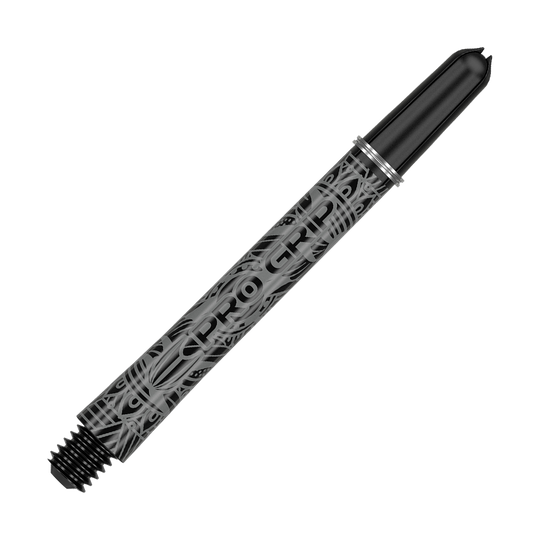 Das Bild zeigt einen schwarzen Dartshaft mit der Aufschrift "PRO GRIP". Der Schaft hat ein modernes, gemustertes Design und ist 48 mm lang.