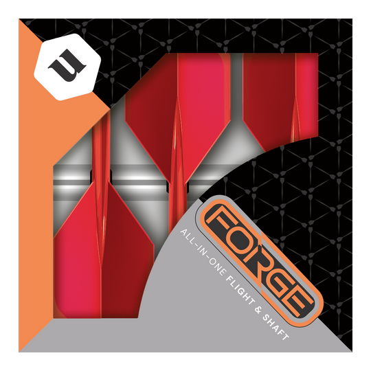 Unicorn Forge All In One Plus No2 Standaard Vluchten Rood - Medium Das Bild zeigt eine Packung mit roten Unicorn Forge All In One Plus No2 Standard Flights in mittlerer Größe. Die Verpackung ist schwarz und orange mit dem Schriftzug "FORGE" und "ALL-IN-ONE FLIGHT & SHAFT".
