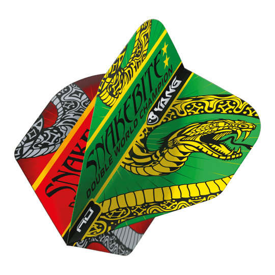 Red Dragon Peter Wright Slangenbeet Rood Groen Yin Yang Standaardvluchten Das Bild zeigt die Dart-Flights "Red Dragon Peter Wright Snakebite Red Green Yin Yang Standard Flights." Die Flights sind farbenfroh gestaltet und zeigen einen auffälligen Schlangen-Grafik sowie den Schriftzug "Snakebite."