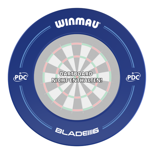 Das Bild zeigt einen blauen Winmau PDC Dartboard Surround. In der Mitte steht der Hinweis "Dartboard nicht enthalten!".