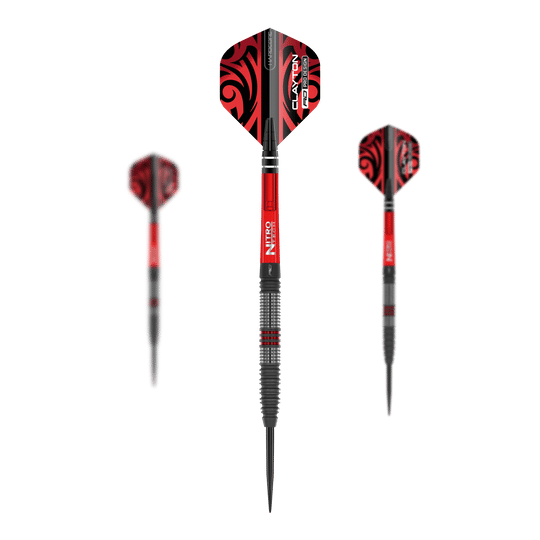 Dieses Bild zeigt die Red Dragon Jonny Clayton Hiraeth Steeldarts. Die Darts haben ein auffälliges rotes und schwarzes Design mit strukturiertem Griff.