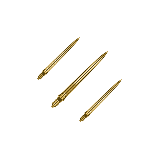 Caliburn EZ-EVO dartpunten - Glad - Goud Dieses Bild zeigt ein Set goldener Dartspitzen mit glatter Oberfläche, vermutlich 28mm lang. Die Spitzen sind von der Marke Caliburn EZ-EVO.