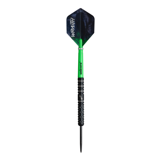 Unicorn Wraith Callan Rydz Steeldarts - 23g werden gezeigt. Das Bild stellt das Design und die Details dieses Darts dar.