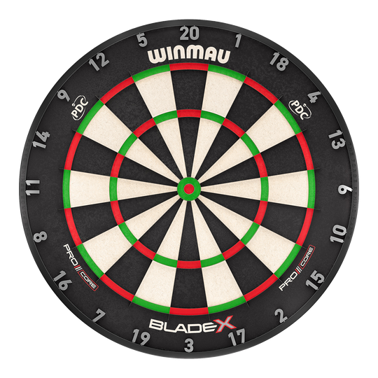 Winmau Blade X ProCore stalen dartbord Das Bild zeigt das Produkt Winmau Blade X ProCore Steeldartboard. Es handelt sich um eine hochwertige Steeldartscheibe für professionelle Dartspieler.