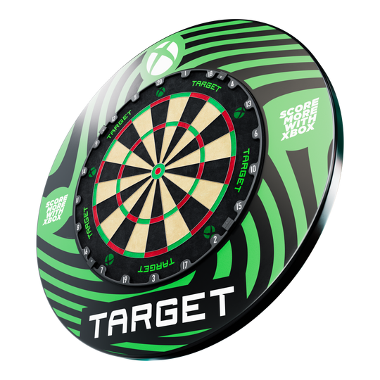 Target Xbox Dartboard Surround-bundel Das Target Xbox Dartboard Surround Bundle ist auf dem Bild dargestellt. Es enthält alles für ein optimales Dart-Erlebnis.