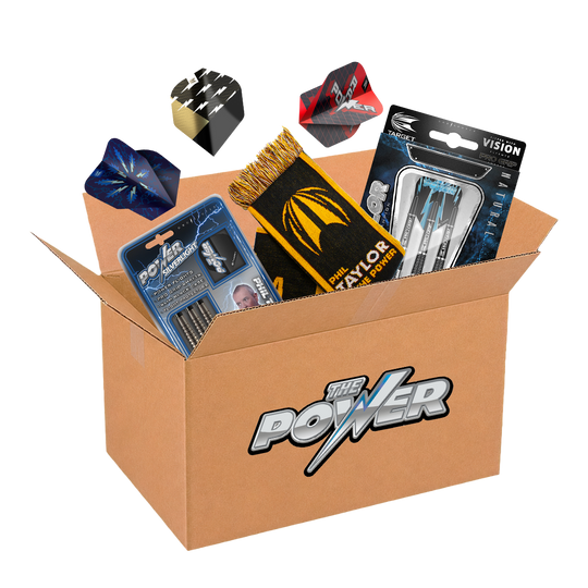 Zu sehen ist die McDart Mystery Box - Phil Taylor Softdart. Das Produkt richtet sich an Fans von Phil Taylor Softdarts.