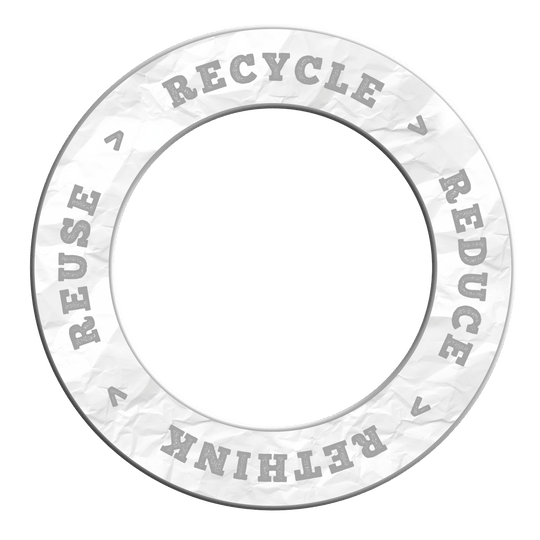 Ein graues Produkt mit dem Motto 'Recycle, Reuse, Reduce, Rethink' ist abgebildet. Das Bild basiert auf dem Dateinamen DBS-RRRR5_Surround_Recyle_Reuse_Reduce_Rethink_Grau_2.