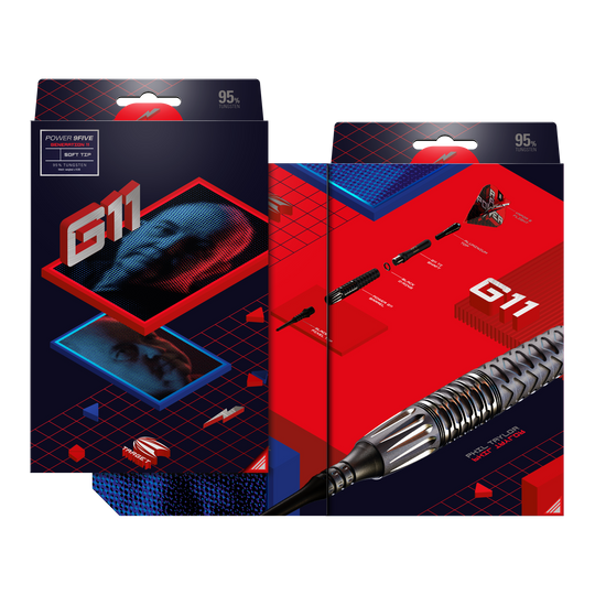 Die Verpackung zeigt moderne Grafiken und den Schriftzug "G11" in großen Buchstaben. Auf der Rückseite ist ein Softdart mit seinen einzelnen Komponenten abgebildet.