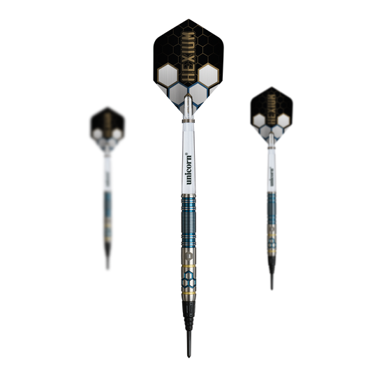 Unicorn Hexium Style 02 Blauw & Goud Zachte Dartpijlen - 21 g Das Bild zeigt die Unicorn Hexium Style 02 Blue & Gold Softdarts - 21g als Set. Die Softdarts wirken hochwertig und zweifarbig.