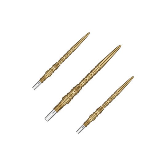 Target Signature Swiss Point TRB stalen dartpunten - goud Ein Set von Target SwissPoint Signature TRB Dartspitzen in Gold mit 30mm Länge ist zu sehen. Die Dartspitzen sind ordentlich angeordnet.