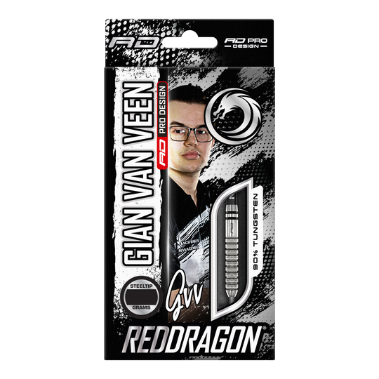 Die Verpackung zeigt die Red Dragon Gian Van Veen Tour Edition Steeldarts mit 22 Gramm. Auf der Vorderseite sind ein Bild von Gian Van Veen und ein Blick auf einen der Darts zu sehen.