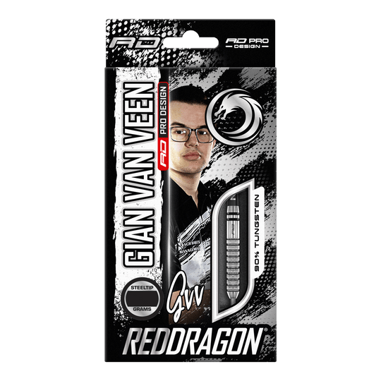 Red Dragon Gian Van Veen Tour Editie Steeldarts - 22g Die Verpackung zeigt die Red Dragon Gian Van Veen Tour Edition Steeldarts mit 22 Gramm. Auf der Vorderseite sind ein Bild von Gian Van Veen und ein Blick auf einen der Darts zu sehen.