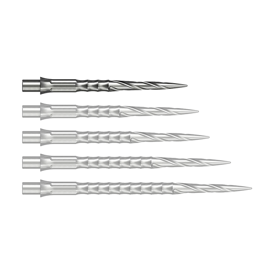 Caliburn System stalen dartpunten - Spiro - NoLip - zilver Das Bild zeigt wahrscheinlich eine 28 mm lange Steeldartspitze aus Silber. Die Spitze ist Teil des Caliburn Evo Systems und trägt die Bezeichnung Spiro NoLip.