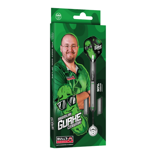 Bulls Max Czerwinski Komkommer Steeldarts - 23 g Bulls Max Czerwinski Gurke Steeldarts mit einem Gewicht von 23 Gramm. Diese Aufnahme zeigt Details des Dartpfeils.