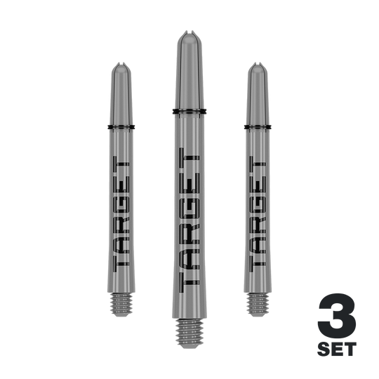 Das Bild zeigt drei graue Dartschäfte der Marke "Target". Unten rechts steht "3 Set", was auf ein Set mit drei Stück hinweist.