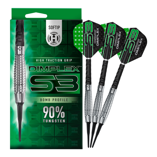 Harrows Dimplex S3 Bomb zachte darts Auf dem Bild sind die Harrows Dimplex S3 Bomb Softdarts und ihre Verpackung zu sehen. Die Darts haben einen hohen Grip und bestehen zu 90% aus Tungsten.