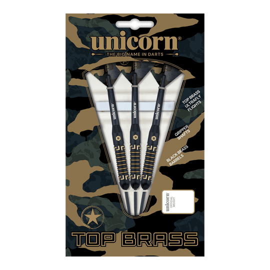 Das Bild zeigt die "Unicorn Top Brass V1 Steeldarts - 20g" in einer Verpackung mit Tarnmuster. Die Packung enthält drei schwarze Darts mit goldfarbenen Details.
