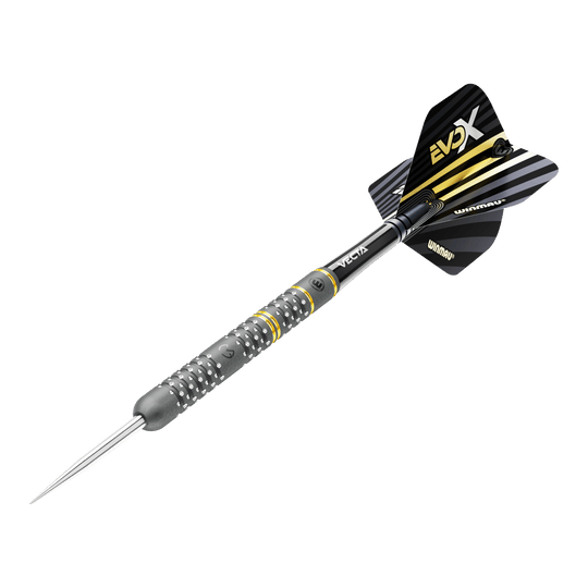 Winmau Michael Van Gerwen Evo-X stalen dartpijlen Das Bild zeigt einen Winmau Michael Van Gerwen Evo-X Steeldart. Der Dart hat ein schwarzes und gelbes Design mit metallischer Spitze und strukturierter Griffzone.