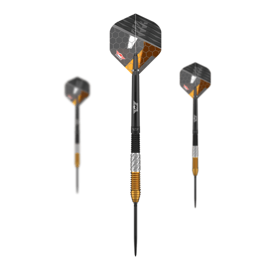 Bulls NL Dirk Van Duijvenbode 95% Converteerbare punten Steeldarts Dieses Set zeigt die Bulls NL Dirk Van Duijvenbode 95% Convertible Points Steeldarts. Die Darts zeichnen sich durch ihre wandelbaren Spitzen und das elegante Design aus.