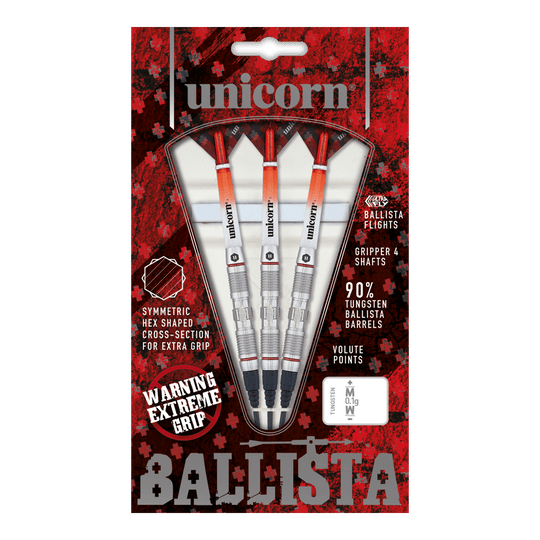 Unicorn Ballista Style 2 zachte darts Das Bild zeigt eine Packung „Unicorn Ballista Style 2 Softdarts“. In der Packung befinden sich drei Softdarts mit silbernen und orangenen Details.