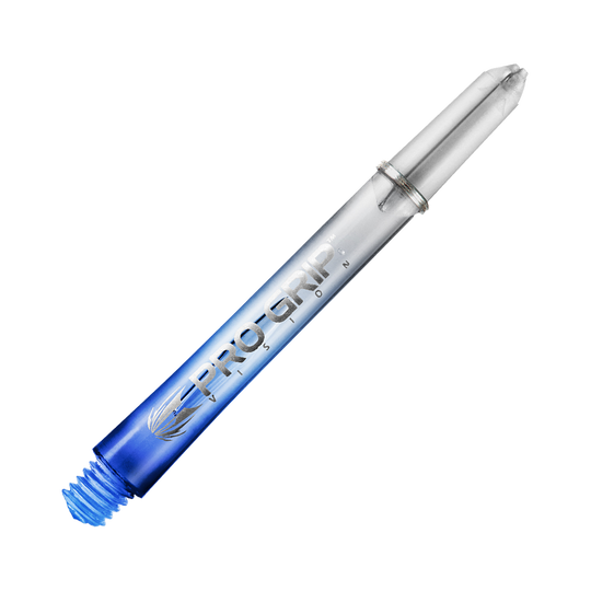 Target Pro Grip Vision Shafts - 3 sets - Blauw Dies ist ein blauer Pro Grip Vision Shaft für Dartpfeile. Der Shaft besteht aus durchsichtigem Kunststoff und hat eine Länge von 48 mm.