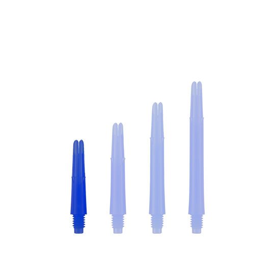 L-L-Style-Shafts Locked Straight - Blauw Auf dem Bild sind vier blaue, gerade Dartschäfte in unterschiedlichen Längen zu sehen. Sie stehen nebeneinander auf weißem Hintergrund.