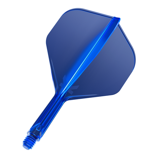 Target K-Flex No2 Standaard Vluchtsysteem - Blauw Das Bild zeigt einen blauen Dartflügel mit Schaft. Er hat eine standardmäßige Form und eine glänzende Oberfläche.